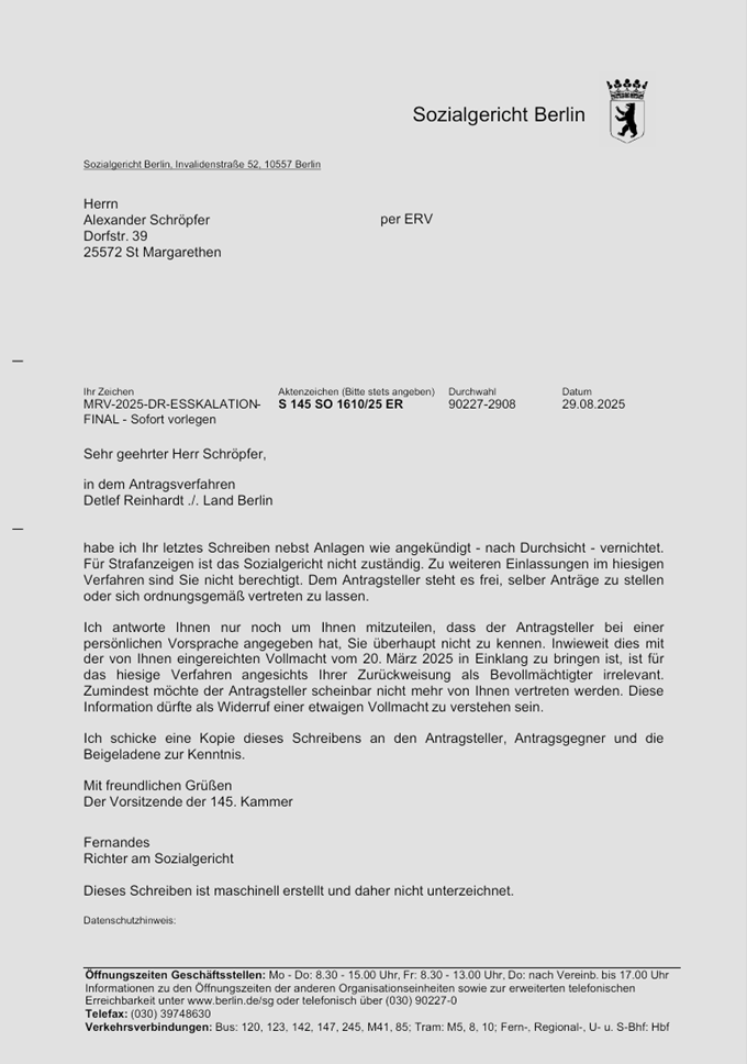 Akute Gefährdungslage – Dringender Handlungsbedarf zur Sicherung der Menschenrechte von Herrn Detlef Reinhardt, Bewohner der Pflegeeinrichtung Frobenstrasse 79, 12249 Berlin – Fortsetzung