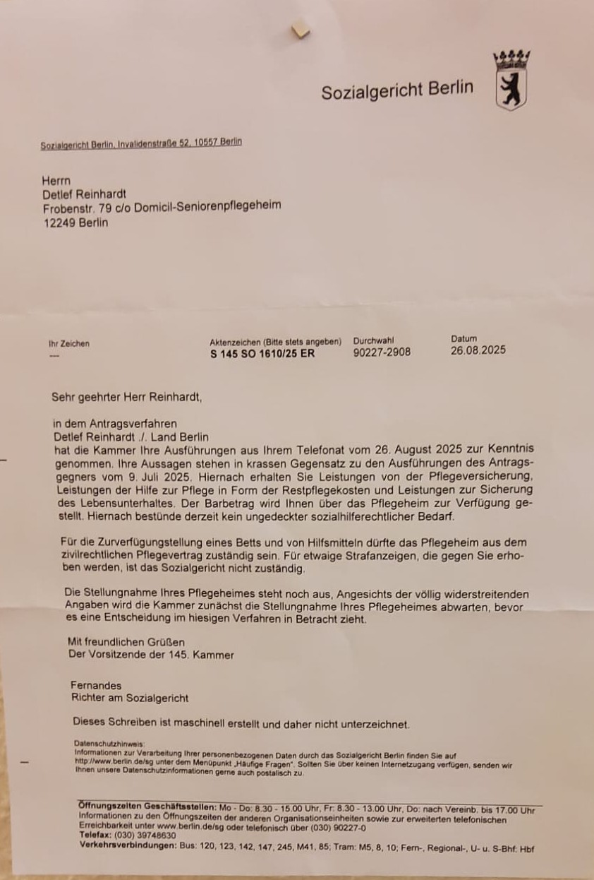 Akute Gefährdungslage – Dringender Handlungsbedarf zur Sicherung der Menschenrechte von Detlef Reinhardt, Bewohner der Pflegeeinrichtung Frobenstrasse 79,12249 Berlin
