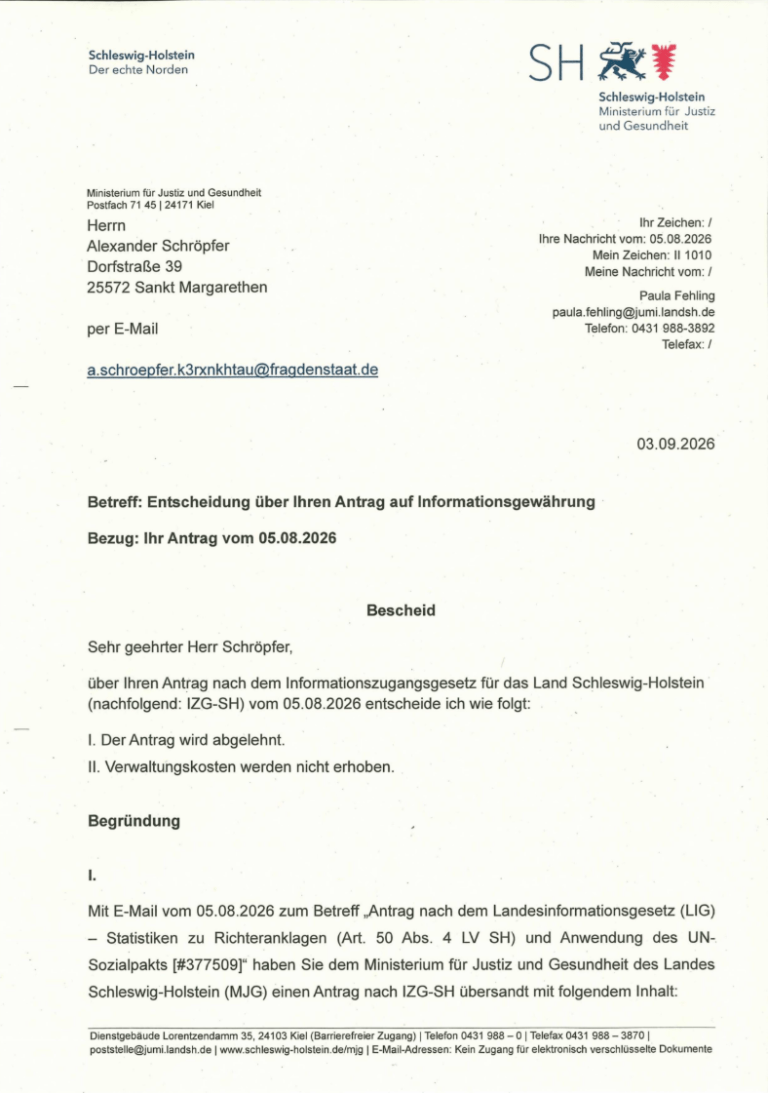 Verfassungstatik-Argumentation: Art. 6 GG – Der absolute Schutz der Familie 6 Richteranklage Schleswig-Holstein: Justizministerium gesteht Fehlen jeglicher Verfahren und Ignoranz des UN-Sozialpakts ein